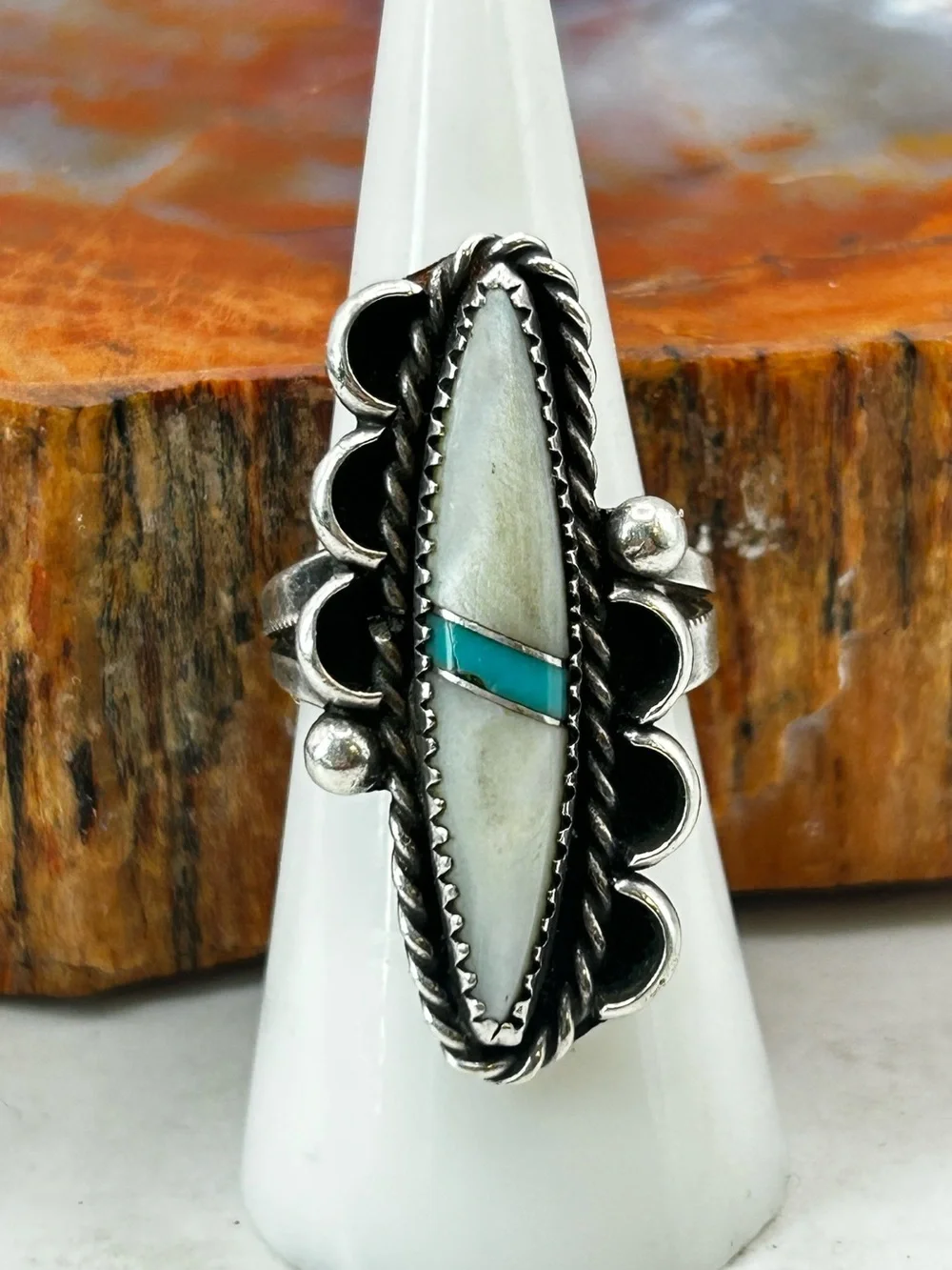 Southwest Sterling Silver Turquoise and Mother of Pearl Ring - Size 7.5